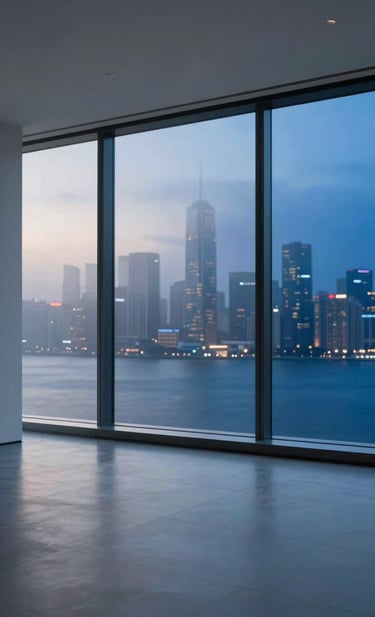 A high-end studio interior at night, with a minimalist aesthetic. Large floor-to-ceiling windows show a blurred city skyline in mist white and deep sea blue. The scene projects global reliability and established professionalism.
