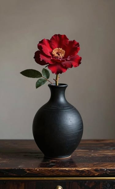 Minimalist photography of a single desert rose flower in a sleek black ceramic vase, resting on a dark wood surface with gold accents. North African / Moroccan atmosphere, elegant lighting.
