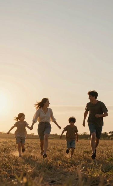 A wide, cinematic shot of a young family running through a field during sunset. The lighting is sun-drenched and hazy, with silhouettes against a soft sand sky. The mood is joyful and storytelling-focused, with authentic interactions.