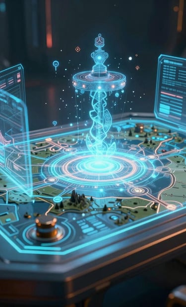 Futuristic 3D holographic tactical map glowing on a digital command center table for strategic planning.
