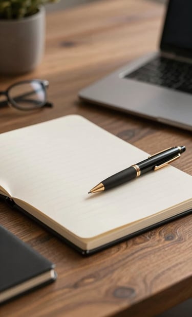 Cinematic portrait of a modern workspace with a focus on an open notebook and a professional pen. Spontaneous arrangement with a high-end, accessible vibe. Lighting is warm and directed, utilizing the brand colors #3A3F3B and #F8F6F2 in the materials. Sophisticated and creative mood.