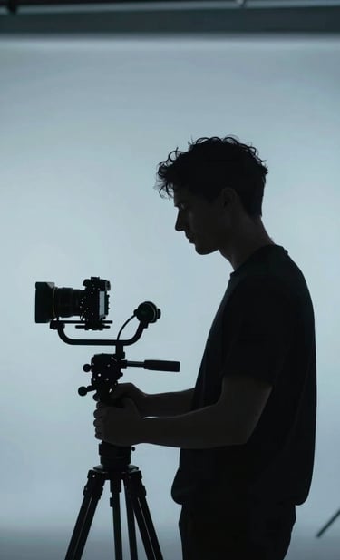 A minimalist, artistic silhouette of filmmaker Théo Wacyk operating a gimbal against a soft, hazy #ECF0F1 background in a modern Bordeaux studio. The composition is balanced and professional, utilizing #0A0A0A for the silhouette and #2C3E50 for the deep shadows, reflecting a premium storytelling mood.