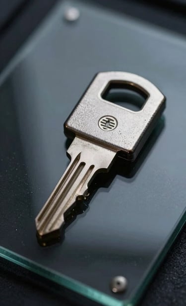 Macro photography of a physical hardware security key resting on a dark, reflective glass surface. The scene is lit with a single cool frost white light source, creating sharp details and deep charcoal shadows to emphasize security and reliability.