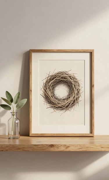 A lifestyle photograph of a refined studio space. A framed artisanal drawing of a delicate nest is displayed on a light wooden shelf next to a small glass vase with a sprig of sage green leaves. Warm, soft lighting and a creamy white wall background.