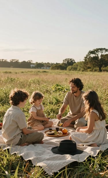A wide-angle lifestyle photograph of a family picnic in a sun-drenched meadow during late afternoon. The scene is filled with authentic interactions and natural light, featuring warm beige textiles and charcoal accents in the accessories.