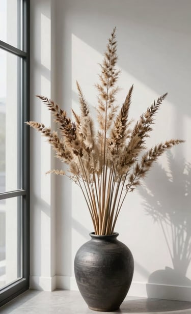 A sophisticated, vertical composition featuring a single tall, dried floral arrangement in a charcoal ceramic vase against a crisp white wall. Soft, directional light from a large North American window creates gentle shadows, embodying a minimalist and luxe professional photography aesthetic.