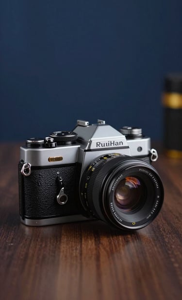 A high-quality lifestyle shot representing Ruihan's hobby, featuring a vintage 35mm camera on a polished dark wood surface. Subtle blue background lighting (#0A1128) and gold metallic accents (#E2B941) on the equipment create a luxurious, focused mood.