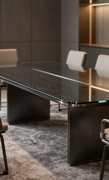 A professional wide shot of a luxury boardroom table featuring a dark charcoal steel base and a thick glass top, reflecting an interior with muted bronze accents. The photography is sharp and technical, emphasizing high-end craftsmanship.