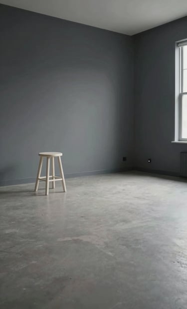 A wide-angle photograph of an empty, minimalist art studio in Buffalo, New York. Featuring dark grey walls and an off-white stool under a single soft studio light. Generous whitespace and a serene, professional atmosphere.