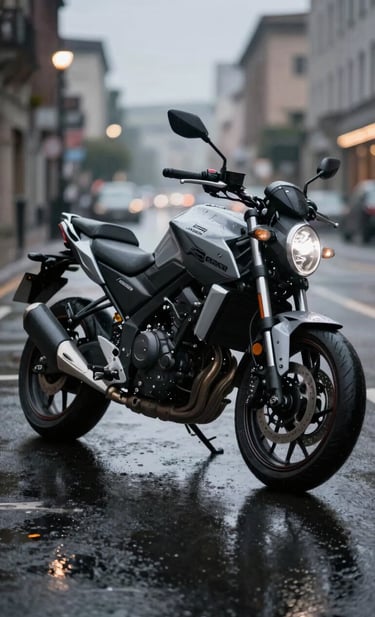 An edgy lifestyle photograph of a parked motorcycle on a rain-slicked street in a Global / Western city at dusk. The wet pavement reflects Charcoal Grey and Silver Grey tones, with Soft Off-White highlights from distant street lamps, emphasizing a sophisticated narrative style.