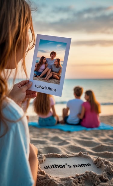 Una ragazzza di spalle regge una fotografia stando in spiaggia al tramonto