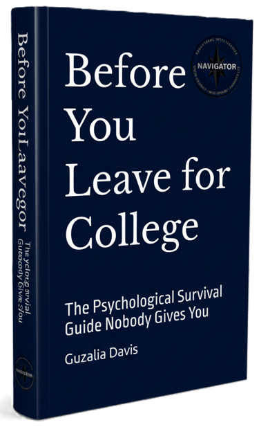 A dark blue book titled Before You Leave for College: The Psychological Survival Guide by Guzalia Davis.