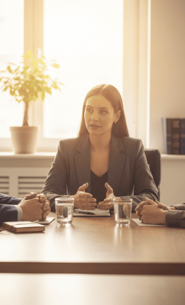 Reunião com uma mediadora e duas outras pessoas sentadas à mesa, discutindo de forma colaborativa.