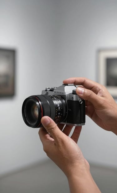 Close-up of a professional photographer's hands in a North American setting, holding a vintage camera body while performing a sensor cleaning. The background is a minimalist photography gallery with soft light gray walls and charcoal frames, creating an atmosphere of expertise and trust.