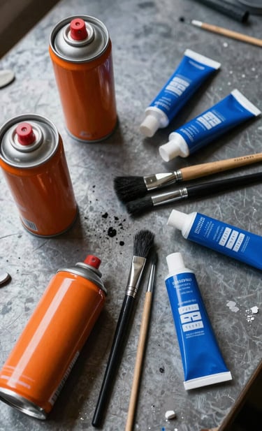 A top-down detailed shot of artist tools in a International / Urban Art Scene workshop: safety orange spray cans, charcoal brushes, and vibrant blue paint tubes scattered on a textured metal table.