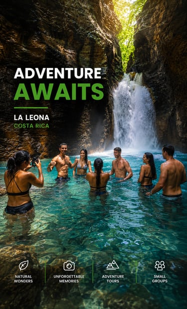 A small group on an adventure tour swimming in a tropical waterfall pool at La Leona, Costa Rica.
