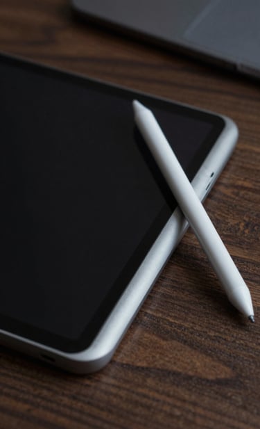Close-up of a professional creative's workspace in Brazil, showing a black tablet and a light gray stylus on a dark wood texture. A subtle baby blue accent light glows from the side, creating a modern and innovative atmosphere.