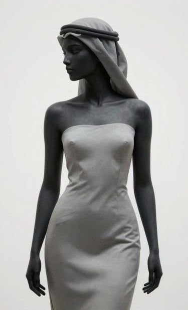 Detailed photography of a contemporary art piece featuring a minimalist female figure silhouette. The palette is strictly grayscale, with light grey and black tones on a clean white background, reflecting a sophisticated Middle Eastern aesthetic.