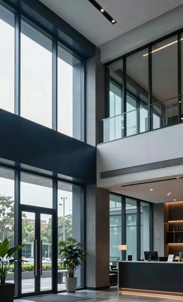 An architectural interior photograph of a sleek, modern lobby in a Southeast Asian / Indonesian business center. Large glass windows allow soft natural light to fall on clean lines and professional decor. The atmosphere is sophisticated and informative. Colors: dark navy blue, slate blue, and pale mist.
