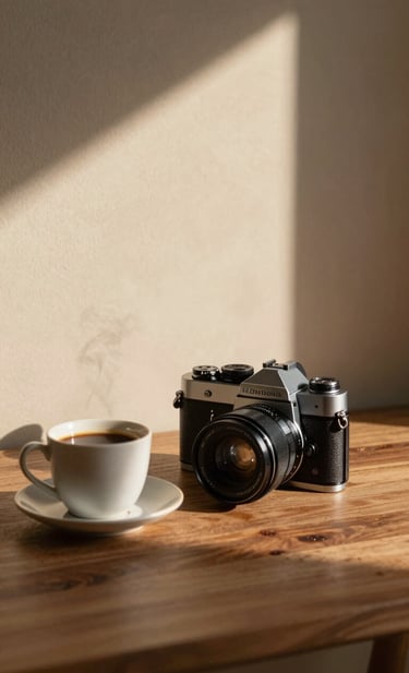 A warm, atmospheric shot of a photographer's workspace in a North American / US studio. A vintage camera sits on an earthy brown wooden surface next to a steaming cup of coffee, with soft sand colored walls catching the morning sunlight.