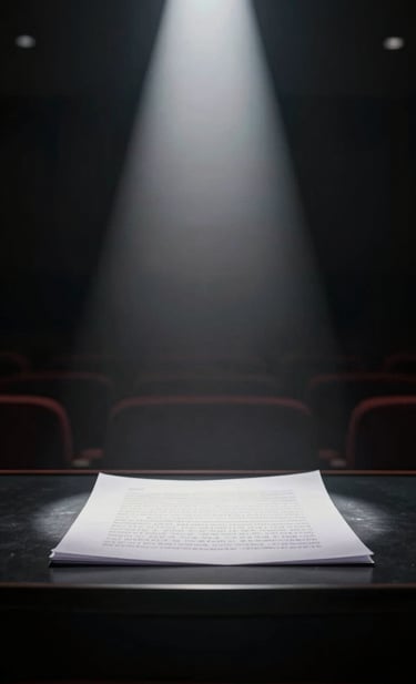A vertical, narrow-framed cinematic shot of a theater spotlight cutting through a dark room. The light hits a script on a table, highlighting the texture of the paper in #F5F5F5 against the #0F0F0F environment. The image serves as a minimalist artistic detail for a film industry portfolio.