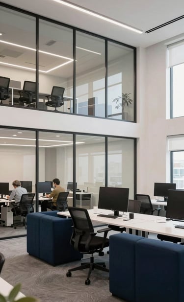 A wide shot of a modern, open-plan North American / US creative agency workspace. The atmosphere is bright and inspiring, with clean architectural lines and a glass wall. The interior design incorporates Dark Navy Blue furniture and Pale Mist White walls, reflecting a professional instructional design environment.