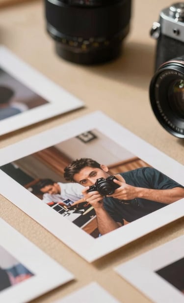 A close-up photograph of a photographer's workspace in North America, featuring printed candid shots and a vintage camera. Sun-drenched lighting pours over a Soft Sand surface, creating a professional and warm storytelling vibe.