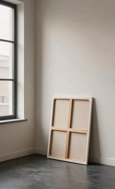 An atmospheric, professional photograph of a corner in a modern, minimalist art studio. A large window casts soft light on a clean cream wall and a dark charcoal floor. A single finished canvas is neatly leaned against the wall, capturing a serene and approachable creative atmosphere.