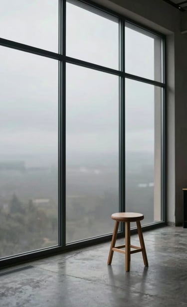 An editorial interior photograph of a quiet photography studio in Europe. Large floor-to-ceiling windows with thin black frames reveal a soft gray sky. Inside, a single wooden stool sits on a polished concrete floor. The atmosphere is calm, intentional, and curated.
