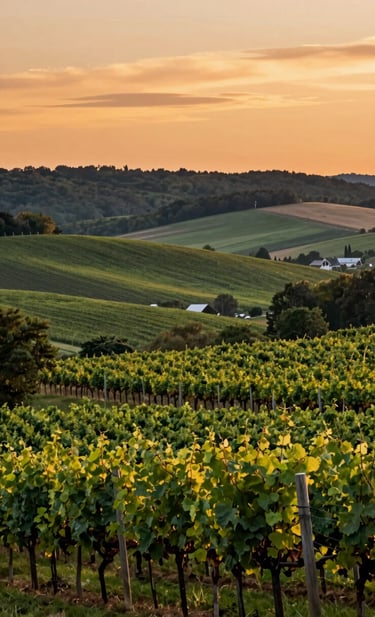 A panoramic, peaceful view of a Hudson Valley farm and winery at sunset, featuring rolling hills and rows of vines, edited in a clean, modern boutique style with deep greens and warm orange light.
