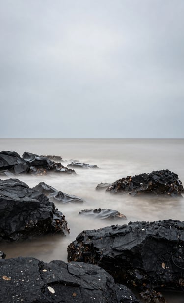 A fine art photograph of the Brest coastline, captured with a long exposure to make the water appear like a soft off-white mist. The rocks are a deep dark charcoal, and the sky is a pale, calm grey. The composition is clean, centered, and minimalist.