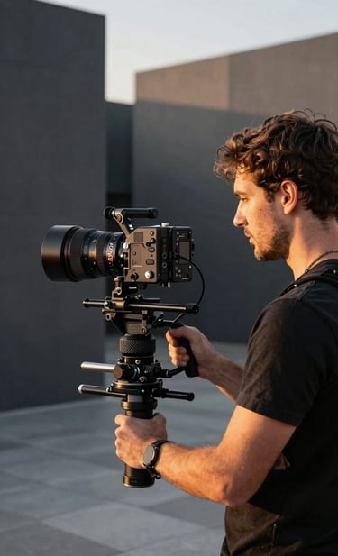 A professional cinematographer working in a modern North American / US architectural setting. They are using a carbon fiber gimbal under the warm, antique gold glow of the golden hour. The background features charcoal grey geometric structures, evoking a sense of premium, visually driven storytelling.