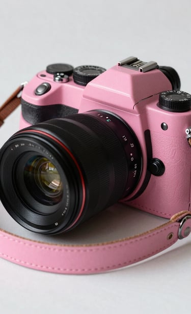 Primer plano artístico de una correa de cámara de cuero en color rosa empolvado sobre una superficie lisa de color blanco roto. Estética minimalista y refinada.
