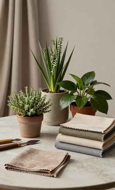 Natureza morta de ferramentas de design de interiores, amostras de tecidos em tons de bege acinzentado e verde sálvia, e plantas arquitetônicas sobre uma mesa limpa em um estúdio sul-americano, iluminação profissional suave.