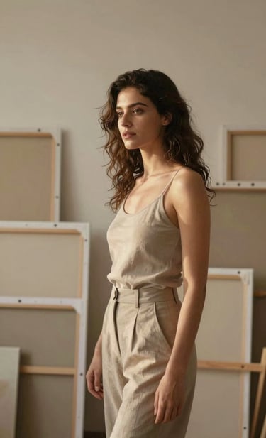 An intimate, soulful portrait of a woman with an artistic presence, standing in a sun-drenched studio. She is surrounded by canvases in various shades of Warm Sandy Taupe and Muted Earth Brown. The light is soft and golden, highlighting a peaceful and emotional atmosphere.