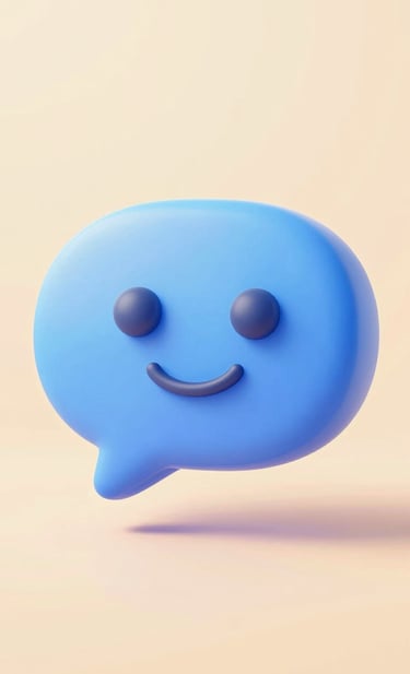 A playful 3D icon of a smiling, rounded chat bubble made of a soft tactile material in #A6D1FF. The lighting is warm and bright, casting a very soft shadow on the background, representing a friendly and open invitation to connect.