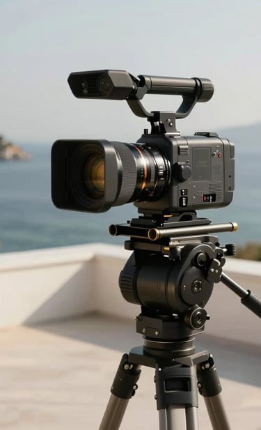 A high-end professional 360-degree video camera rig set up on a minimalist terrace in Bodrum, overlooking the Aegean sea, clean lines, professional lighting, soft mustard yellow and charcoal grey tones, Middle Eastern / Turkish coastal aesthetic.