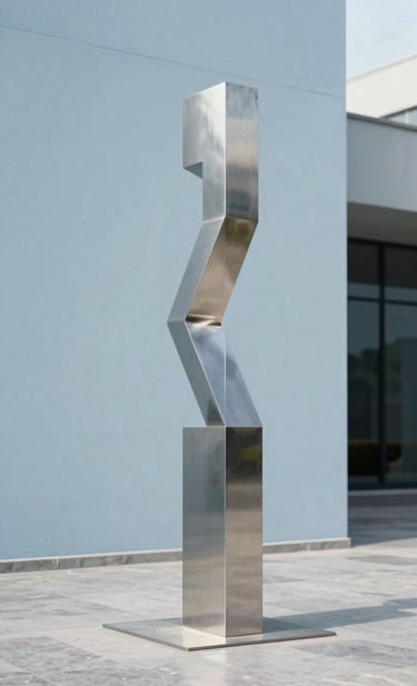 Detalle de una escultura vanguardista de metal pulido situada en un patio minimalista de diseño arquitectónico moderno. La pieza refleja el cielo azul pálido y las líneas limpias de la arquitectura circundante. Composición sofisticada y minimalista en un entorno urbano elegante de Latinoamérica.
