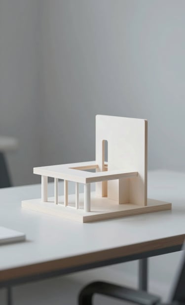 An elegant, minimalist architectural model made of white balsa wood and acrylic, sitting on a clean desk. The lighting is studio-quality, casting subtle shadows. The atmosphere is academic and professional, incorporating a sophisticated #262F38 and #F7F9FB aesthetic.