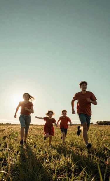 A wide cinematic shot of a young family running through a meadow at golden hour. The sun creates a beautiful flare against the teal green horizon. The subjects are blurred slightly to emphasize movement and joy, with warm terracotta highlights in their clothing.