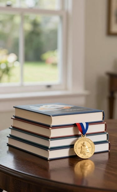 A bright, airy North American interior scene showing a stack of art books and a small academic honor medal on a polished dark brown table. The background is a soft-focus view of a sunny garden through a window against a cream wall.