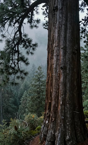 A cinematic aerial side-view of a massive sequoia trunk and thick branches overlooking a misty valley in the US Pacific Northwest. The lighting is diffused and majestic, highlighting the textures of the bark in shades of dark pine and slate gray.