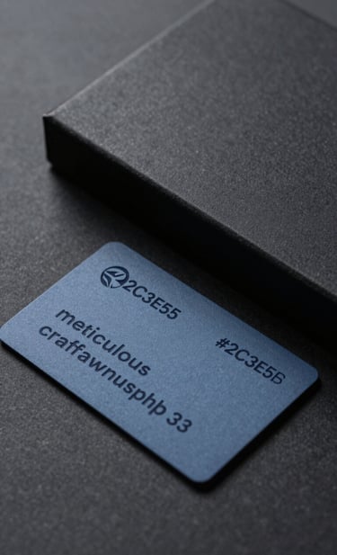 A high-end, cinematic close-up of a premium embossed business card and a minimalist matte black packaging box. Soft side-lighting highlights the paper texture and 'meticulous craftsmanship'. The color palette is composed of #2C3E50 and #8D9FB5, reflecting a futuristic, professional design studio vibe.