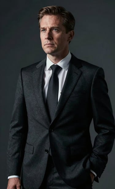 A powerful, cinematic portrait of Frank Artus in a dark, tailored suit. He is looking off-camera with an expression of thoughtful leadership. The lighting is dramatic (chiaroscuro style) with deep shadows and #D4C1A5 highlights against a #1A1C20 studio backdrop.