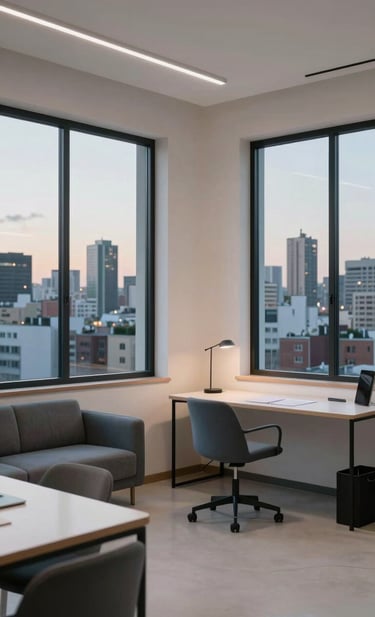 A minimalist and stylish interior of a Latin American / Hispanic creative agency. Large windows show a city silhouette at dusk. The room features grey blue furniture and clean off-white walls, emphasizing a professional and visual-driven workspace.