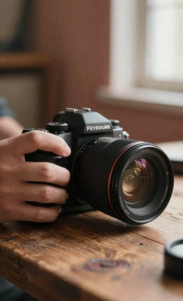 Close-up detail of a photographer's hand adjusting a professional camera lens on a rustic wooden table in a sunlit studio. Cinematic depth of field, warm and authentic atmosphere with subtle charcoal accents. European interior style with a hint of warm terracotta light filtering through a window.