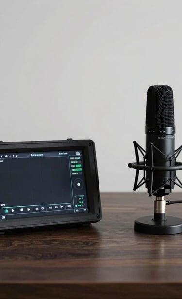 A minimalist still life of a high-quality field monitor and a professional microphone on a dark wood table in a Brazilian production house. The composition is clean and modern, using a monochrome palette of blacks and greys.
