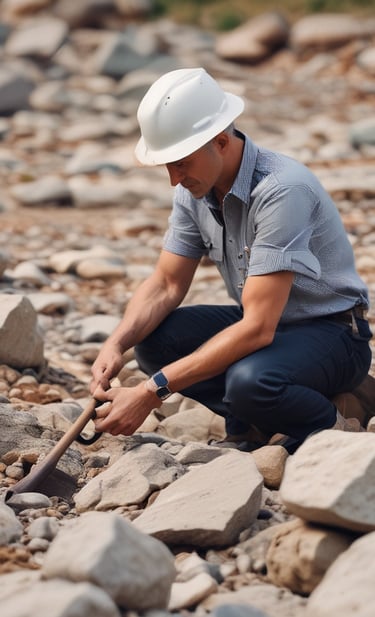 A large open-pit mine with a yellow excavator positioned at the center, surrounded by layered rock formations exhibiting varied shades of brown and gray. The broad expanse of the mining area showcases distinct strata and erosion patterns carved into the earth.