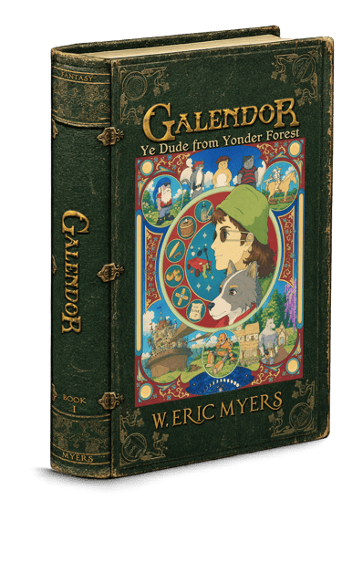 Antique green leather book cover for Galendor: Ye Dude from Yonder Forest. Art Nouveau style.