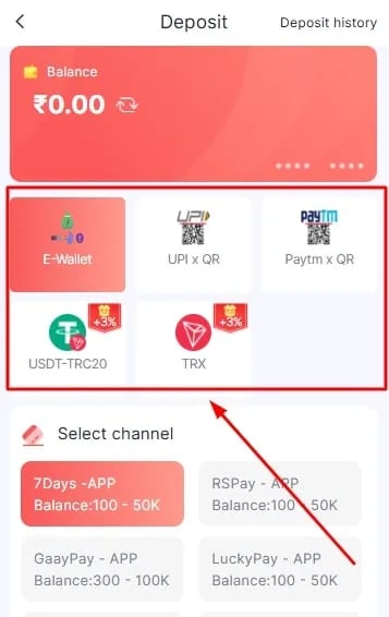 Mobile app deposit screen showing payment options for UPI, Paytm, E-Wallet, USDT, and TRX.
